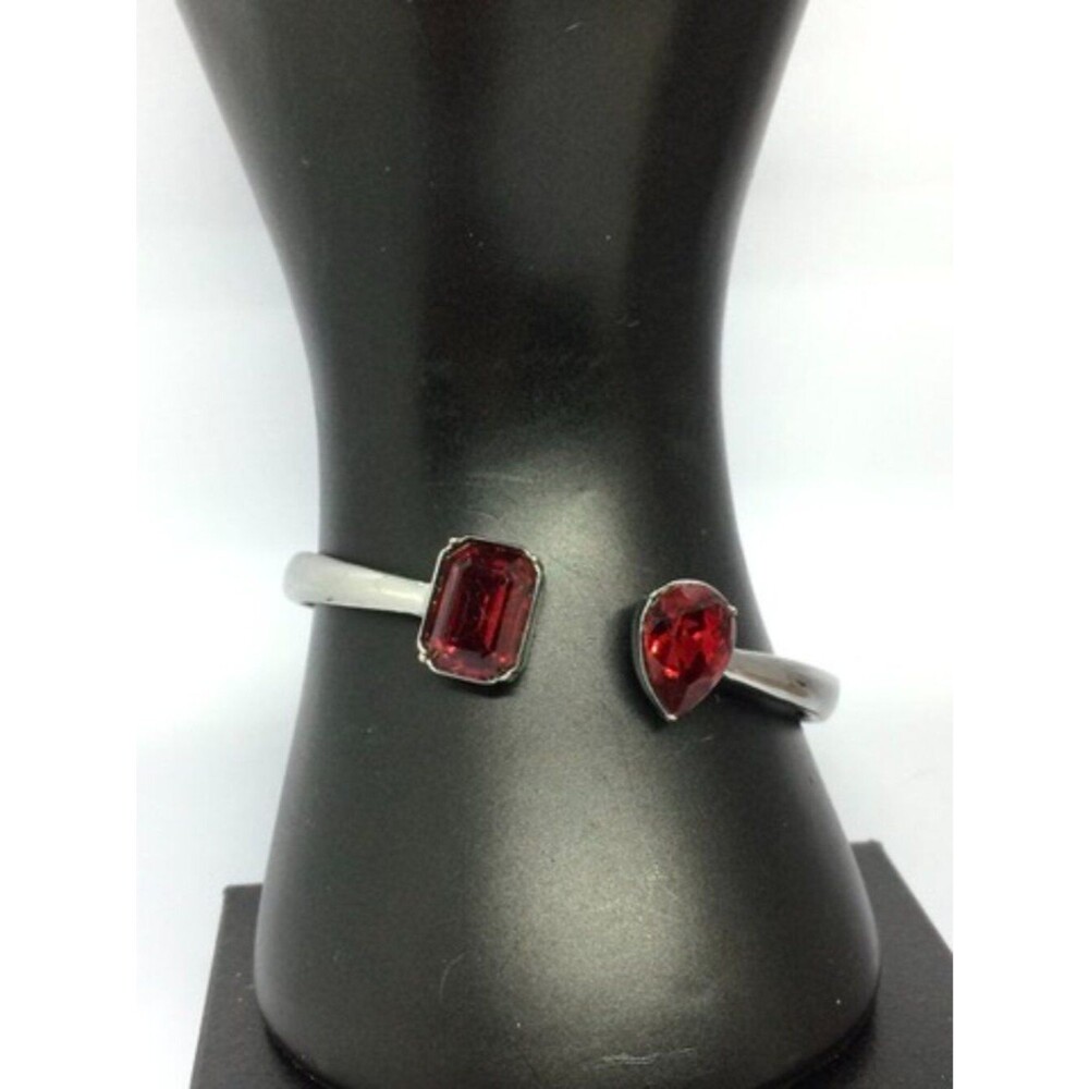 Red Rhinestone Cuff Bracelet Clamper Hinged Bangle Statement Gunmetal
